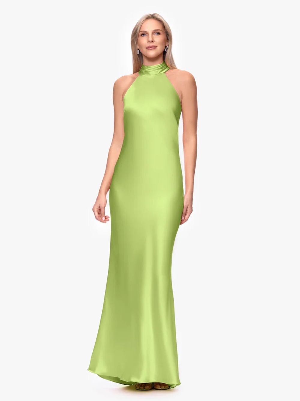 Xscape Lime Green Halter Satin Maxi Gown